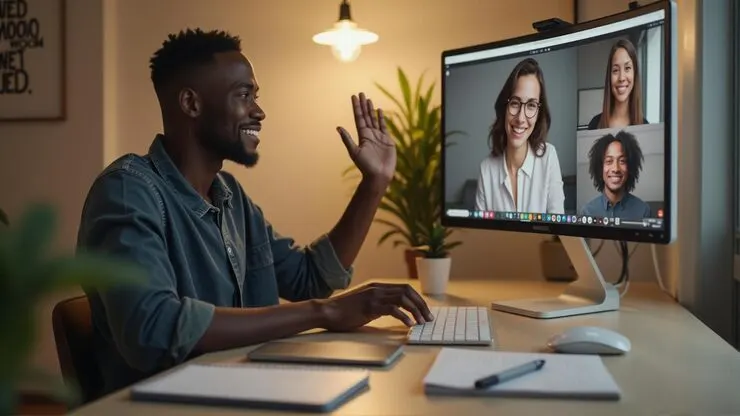 Man waving during a video call on a desktop monitor